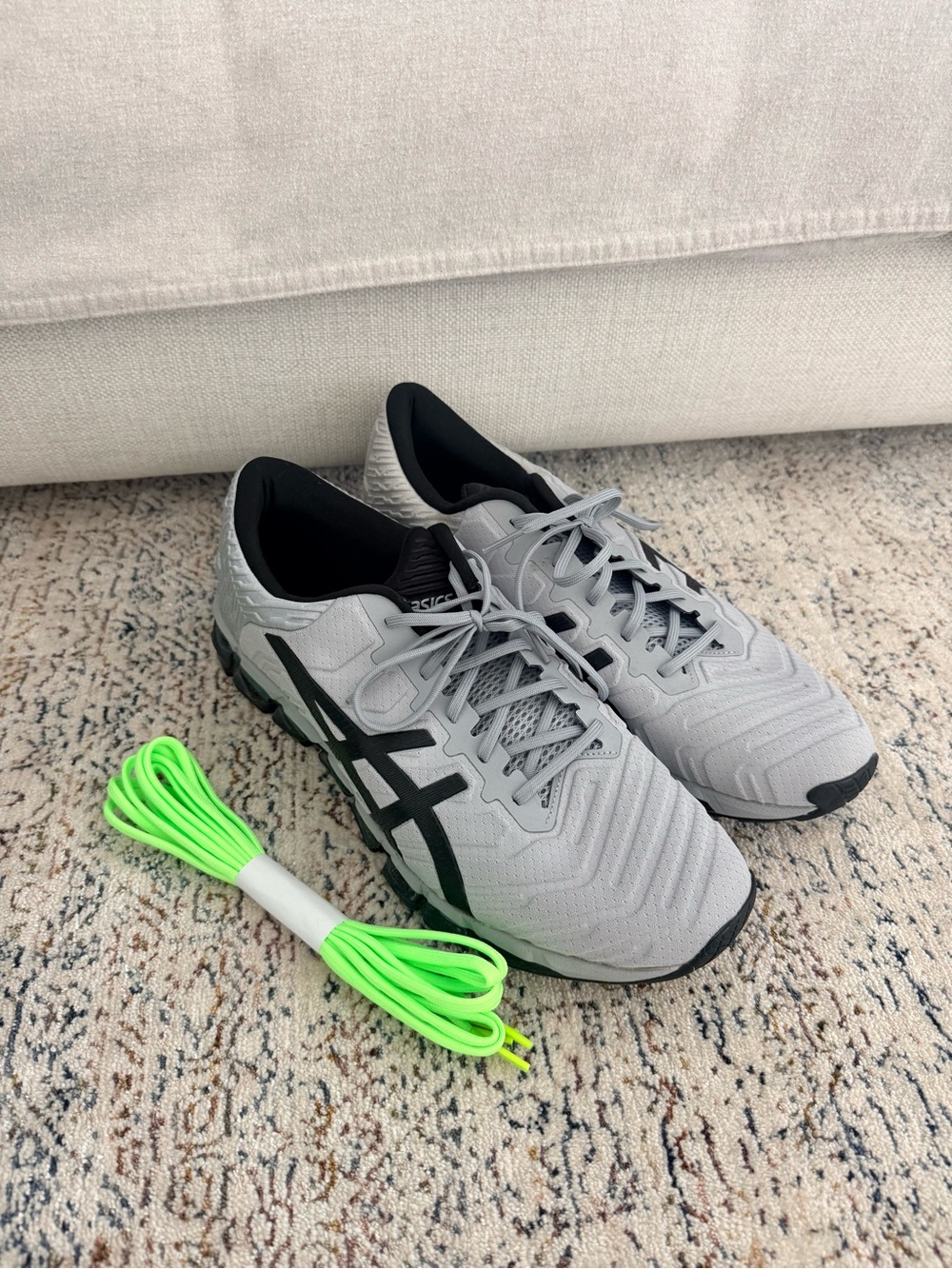 ASICS Men’s Gray and Black Athletic Running Shoes with Neon Green Laces